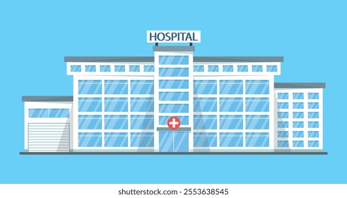 Hospital multi-story building icon with large windows. Medicine and healthcare concept.