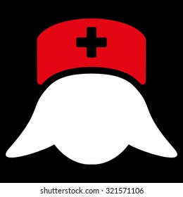 Hospital Nurse Head vector icon. Style is bicolor flat symbol, red and white colors, rounded angles, black background.
