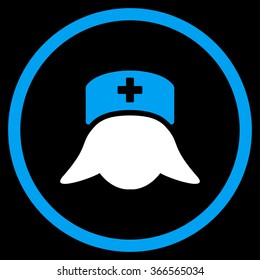 Hospital Nurse Head vector icon. Style is bicolor flat circled symbol, blue and white colors, rounded angles, black background.