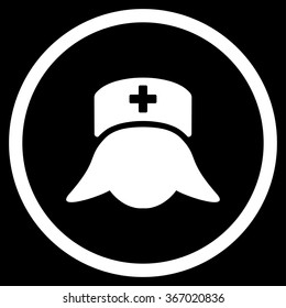 Hospital Nurse Head vector icon. Style is flat circled symbol, white color, rounded angles, black background.
