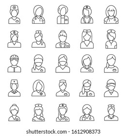 Hospital nurse icons set. Outline set of hospital nurse vector icons for web design isolated on white background