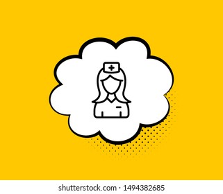 Hospital nurse line icon. Comic speech bubble. Medical help assistant sign. Yellow background with chat bubble. Hospital nurse icon. Colorful banner. Vector