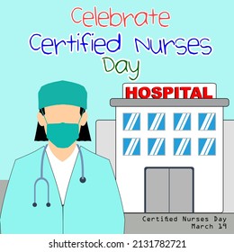 a hospital nurse standing on a hospital background with blue sky, Certified Nurses Day March 19
