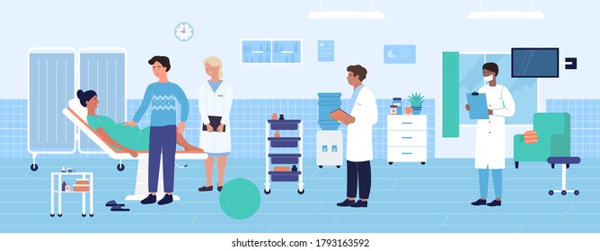 Hospital obstetric examination vector illustration. Cartoon flat obstetrician gynecologist doctor team examining pregnant woman patient before childbirth. Maternity medicine healthcare background