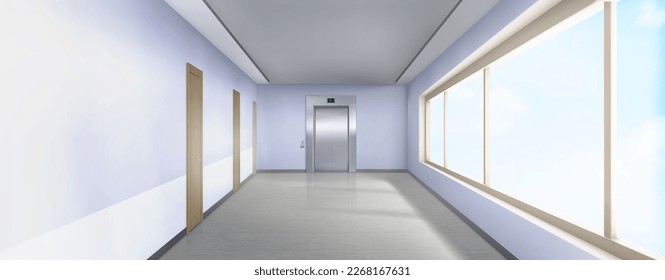 Hospital or office corridor interior with metal elevator doors and windows. Empty modern building hallway with blue walls, closed doors and steel lift gates, vector realistic illustration