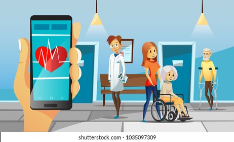 Hospital and old patients vector illustration of old woman in wheelchair with nurse and senior man on crutch waiting for doctor. Cartoon design of smartphone application for medical help concept