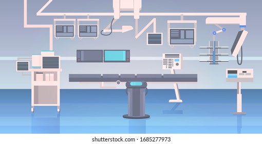 Hospital Operating Table And Medical Devices Modern Clinic Surgery Room Interior Intensive Therapy Surgical Procedures Concept Horizontal Vector Illustration