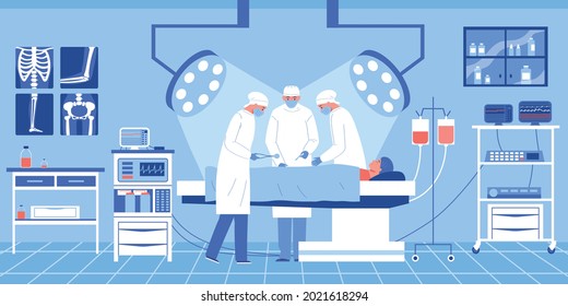 Hospital operation with indoor view of surgery room with medical specialists surgeons and patient on table vector illustration