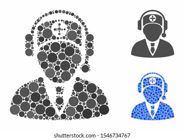Hospital operator composition of small circles in different sizes and color tinges, based on hospital operator icon. Vector small circles are united into blue collage.