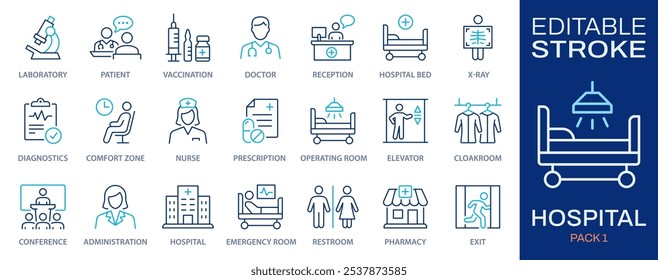 Conjunto de ícones de estrutura de tópicos do hospital. Recolha de vacinação, médico, radiografia e mais. Ilustração vetorial. Traçado editável.