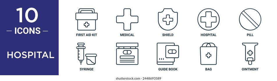 hospital outline icon set includes thin line first aid kit, medical, shield, hospital, pill, syringe,   icons for report, presentation, diagram, web design