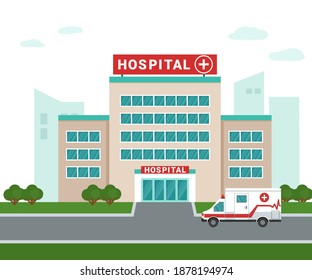 Hospital outside. An ambulance next to the medical building. Isolated medical facility. Fast medical care for viruses and bacteria and health care. Urban background. Modern vector flat illustrations