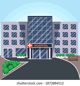 Hospital outside. City hospital building. Can be used for healthcare services and healthcare center concepts. Vector illustration in a flat style.Vector illustration in a flat style.