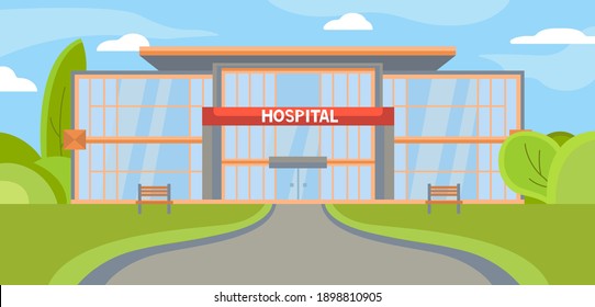 Hospital Outside. City Clinic For The Treatment. Entrance, Panorama. Flat Illustration. Architecture With Glass Exterior. Medical Help, Emergency, Healthcare