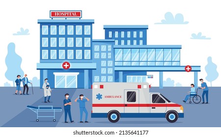 Composición exterior del hospital con visión exterior del edificio de la clínica con vehículo de ambulancia y personajes médicos especialistas ilustración vectorial