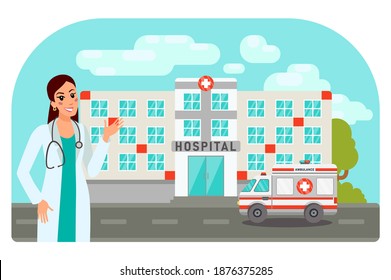 Hospital outside. Concept with doctor on hospital background. Therapist near Hospital Building Flat Illustration. Modern Medicine Concept. Physician near Ambulance Vector Cartoon Character. Banner.