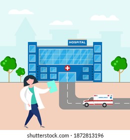 
Hospital outside. the doctor carries the patient's card, an ambulance arrives. Patient care