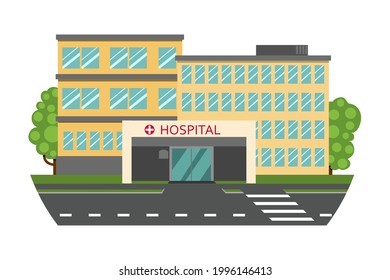 Hospital afuera. Hay dos edificios, la entrada principal? árboles y carreteras. Construcción médica. Ilustración plana vectorial aislada en fondo blanco. 