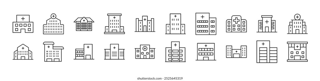 Paquete de iconos delgados del hospital. Trazo Editable. Conveniente para los Sitios web, libros, tarjetas, App