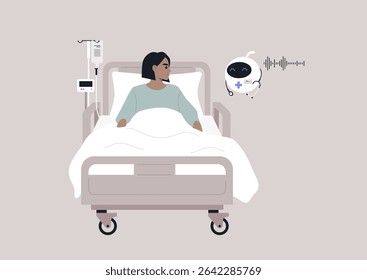 A hospital patient robot engages a recovering individual in a bed, providing supportive interactions and health monitoring. The room is peaceful, promoting healing and comfort