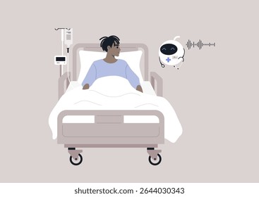 A hospital patient robot engages a recovering individual in a bed, providing supportive interactions and health monitoring. The room is peaceful, promoting healing and comfort