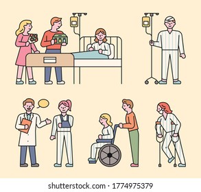 Hospital patients, friends and doctor characters. flat design style minimal vector illustration.