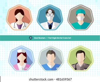 Hospital People Avatar User Long Shadow Icon. Doctor, Physicians, Surgeons, Female Nurse, Male Nurse, Security Guard. Style Is A Flat Symbol On A Heptagon Background