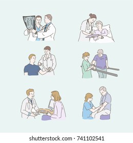 hospital people doctors and nurses help patient. hand drawn realistic illustrations. vector doodle design 