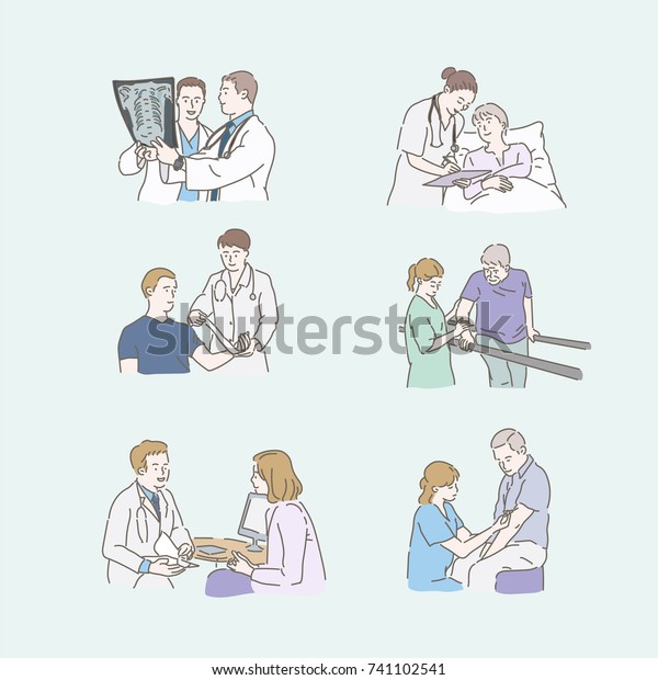 病院の人々の医師と看護師が患者を助ける 手描きのリアルなイラスト ベクター画像落書きデザイン のベクター画像素材 ロイヤリティフリー