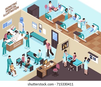 Hospital With People Ward Equipment Reception And Doctors Isometric Vector Illustration