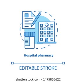 Icono de concepto de farmacia hospitalaria. Ilustración de la idea de medicina en línea delgada. Tratamiento farmacéutico intensivo. Receta de cuidados ambulatorios. Dibujo de contorno aislado del vector. Trazo editable