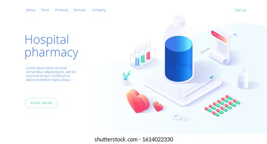 Hospital pharmacy or drug store concept in isometric vector illustration. Pharmaceutics or chemical lab background with medicines and equipment. Web banner layout template.