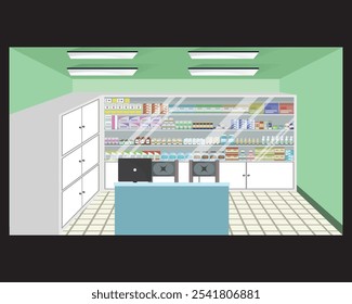 Hospital pharmacy room interior design vector healthcare medical illustration