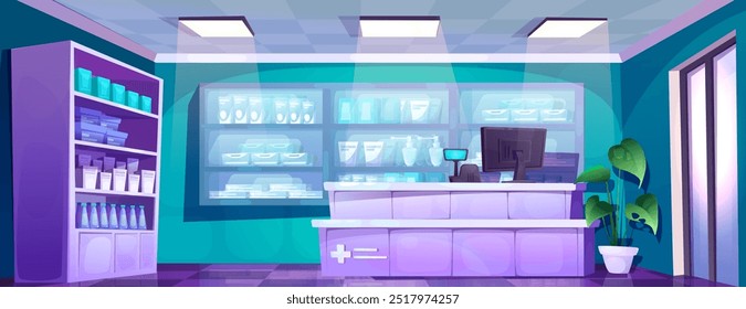 Interior de la farmacia del hospital. Estantes en la tienda médica cerca del mostrador con el fondo del Vector de la exhibición de la droga. Moderno supermercado de la clínica para la venta de píldoras, vacunas y diseño de panorama de productos de atención médica