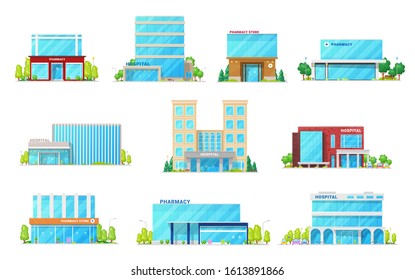 Hospital and pharmacy store, medical and healthcare building vector icons. Exteriors of health clinic, ambulance center, ambulatory and pharmacy with glass entrance doors and glossy facades