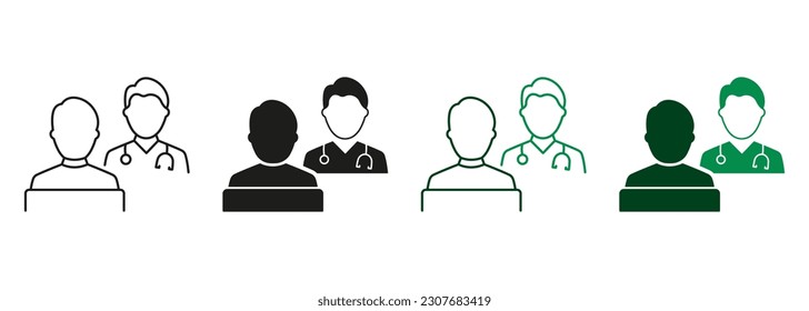 Hospital Physician Counseling Patient Black and Color Pictogram Collection. Patient Consultation with Doctor Line and Silhouette Icon Set. Dialog About Health Care Sign. Isolated Vector Illustration.