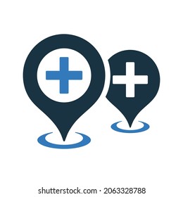 Hospital, pin, icono de puntero. Diseño vectorial simple editable aislado en un fondo blanco.