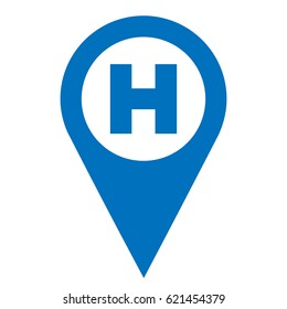 Hospital Pinpoint Blue And White Isolated Icon. Hospital Map Point Sign, Vector Illustration.