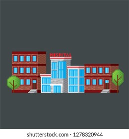 Hospital. Pixel art. Old school computer graphic. Element design stickers, logo, mobile app, menu. 8 bit video game. Game assets 8-bit sprite. 16-bit.