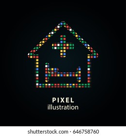 Hospital - pixel icon. Vector Illustration. Design logo element. Isolated on black background. It is easy to change to any color.