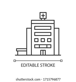 Hospital pixel perfect linear icon. Town clinic facade. Healthcare department exterior. Thin line customizable illustration. Contour symbol. Vector isolated outline drawing. Editable stroke