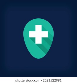 Logotipo del signo del hospital más del icono de la ubicación. Mostrando hospitales, farmacias y lugares médicos.