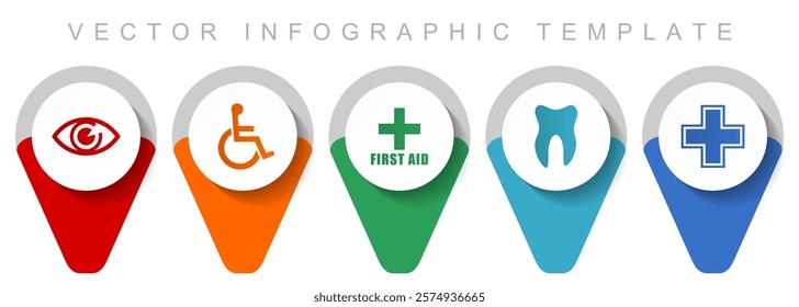 Hospital pointer collection, miscellaneous icons such as eye, wheelchair, first aid, dentist and cross, flat design vector infographic template in eps 10