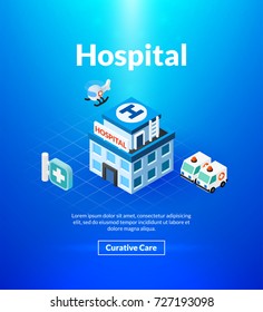 Hospital Poster Of Isometric Color Design, Medical Concept Vector Illustration For Web Banners And Printed Materials, Vertical Portrait Orientation