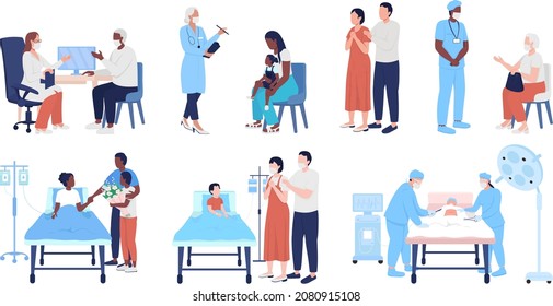 Hospital procedures semi flat color vector character set. Posing figures. Full body people on white. Medicine isolated modern cartoon style illustration for graphic design and animation collection