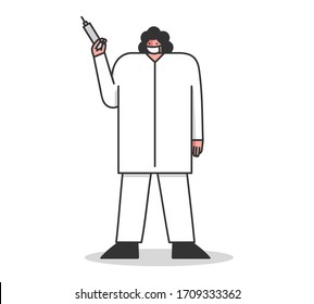 Hospital Professional Healthcare Staff, Coronavirus Epidemic. Woman Nurse Doctor In White Coat And Face Protective Mask Holding Syringe With Vaccine. Cartoon Linear Outline Flat Vector Illustration