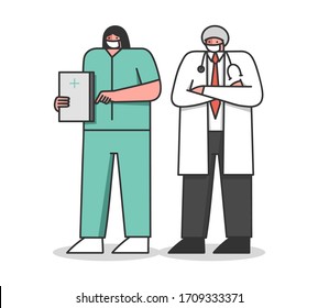 Hospital Professional Healthcare Staff. Doctors In Medical Robe With Medical Tools. Surgeon With Stethoscope, Nurse Holds Patient s Medical History. Cartoon Linear Outline Flat Vector Illustration