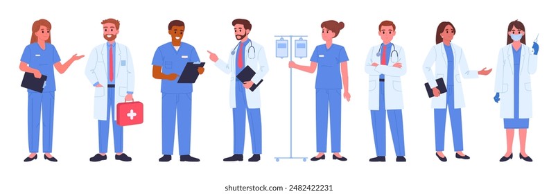 Hospital professional staff. Medical clinic workers, doctors and nurses, therapist, surgeon and anesthesiologist flat vector illustration set. Medicine and healthcare characters
