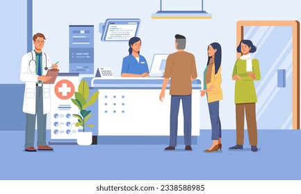 Hospital queue. Clinic reception waiting room medical office nurse receptionist doctor adult patient. Health vector illustration