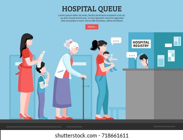 Hospital queue with people room and registry service flat vector illustration